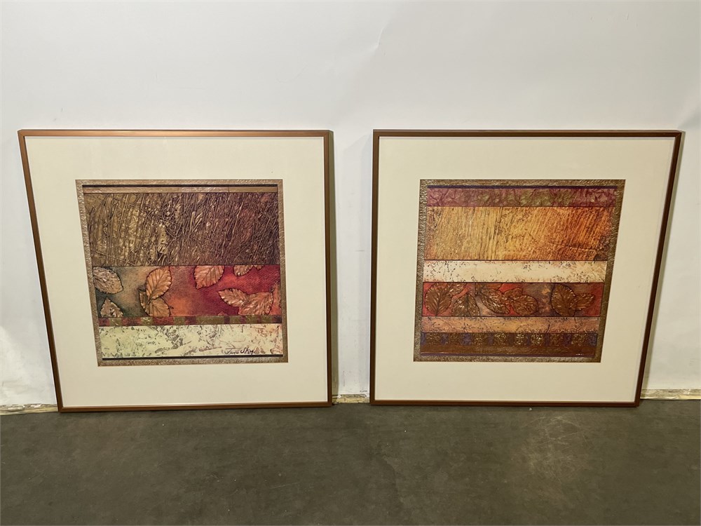 "Walking In Tall Grass I and II"  Abstract orange, brown, red, and white with texture leaves prints by Juno Sky