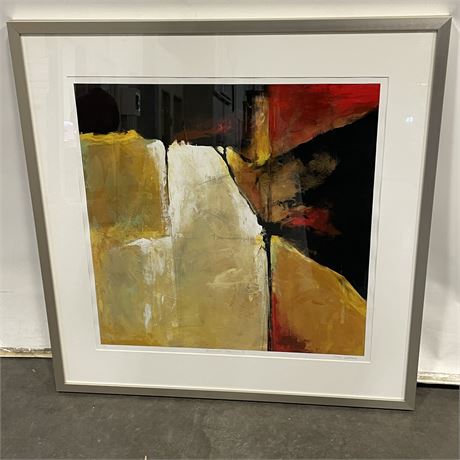 Orange, black, red, and white abstract art print with a white mat and a chrome metal frame
