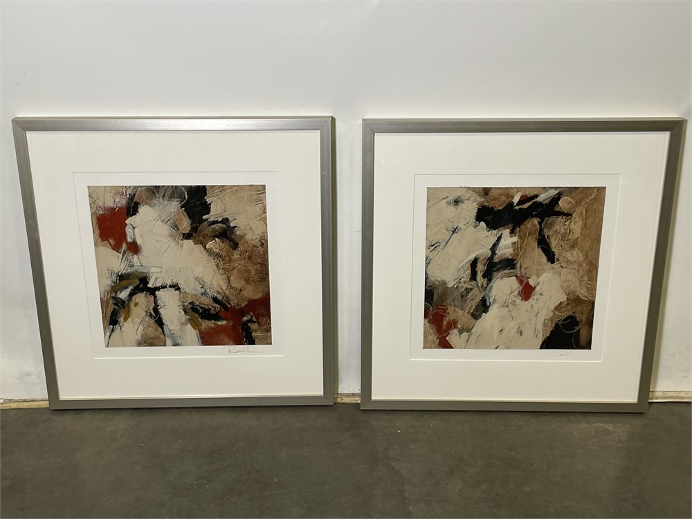 Pair of red, black, white, and brown abstract paintings with chrome metal frames and white mats. Appears to be signed by Roehl
