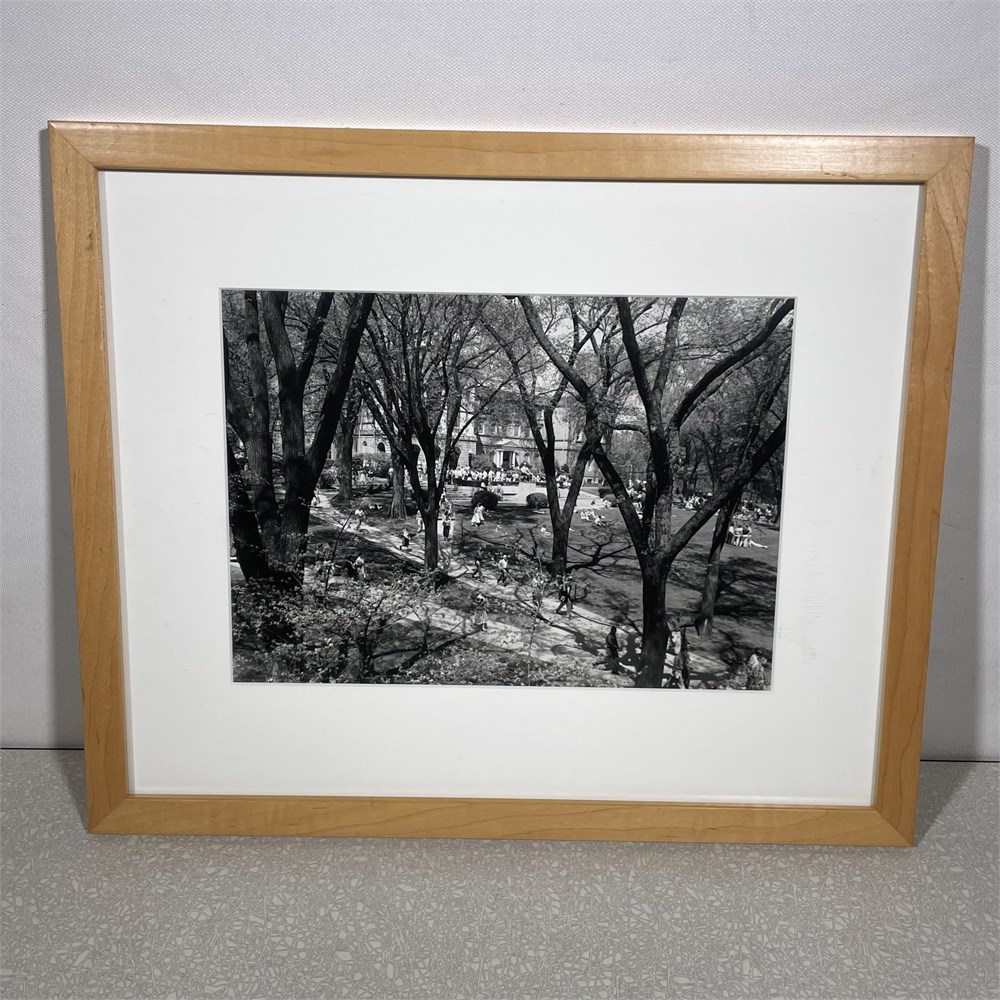 Black and white vintage photo copy of students in the distance on Bascom Hill with wood frame and white mat