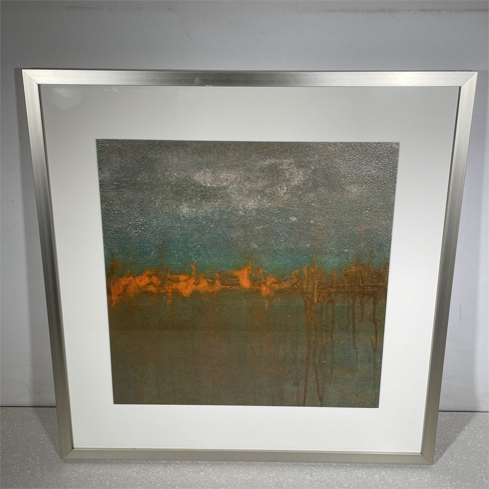 Gray, blue, orange, and green abstract painting with some texture
