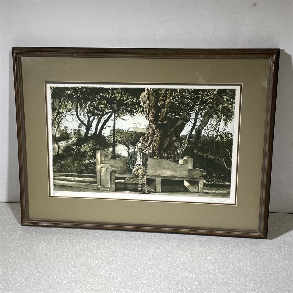 "Man on Bench" by Harry McCormick appears to be hand-colored aquatint with a wood frame with a gray mat