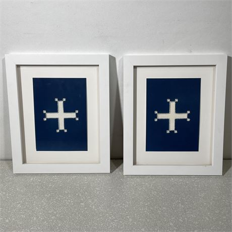 2 Identical art pieces that each have a blue rectangle with white plus like shape outlined with beads