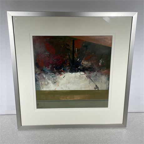 Abstract art painting with leaf outlines with a white mat and a chrome metal frame by Olga Pmiponit